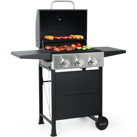 MASTER COOK 3 Burner BBQ Propane Gas Grill, 472 Sq. In. Cooking Area, 30,000 BTU Stainless Steel Barbecue Grill with Two Foldable Shelves for Outdoor Patio, Backyard