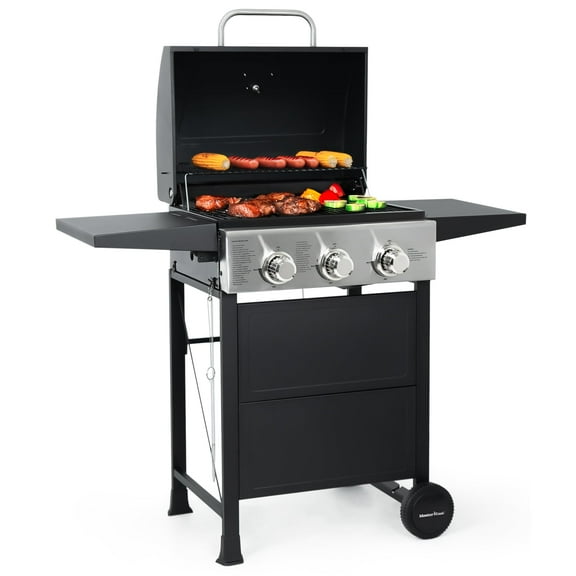 MASTER COOK 3 Burner Propane Gas Grill, 30,000 BTU BBQ Grill with Two Folding Shelves and Wheels