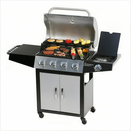 MASTER COOK Propane Grill, BBQ 4-Burner Cabinet Style Grill Propane with Side Burner, Stainless Steel