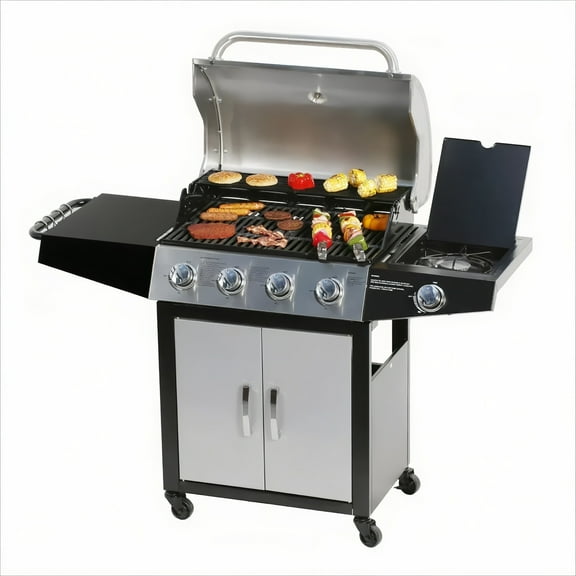 MASTER COOK Propane Grill, BBQ 4-Burner Cabinet Style Grill Propane with Side Burner, Stainless Steel