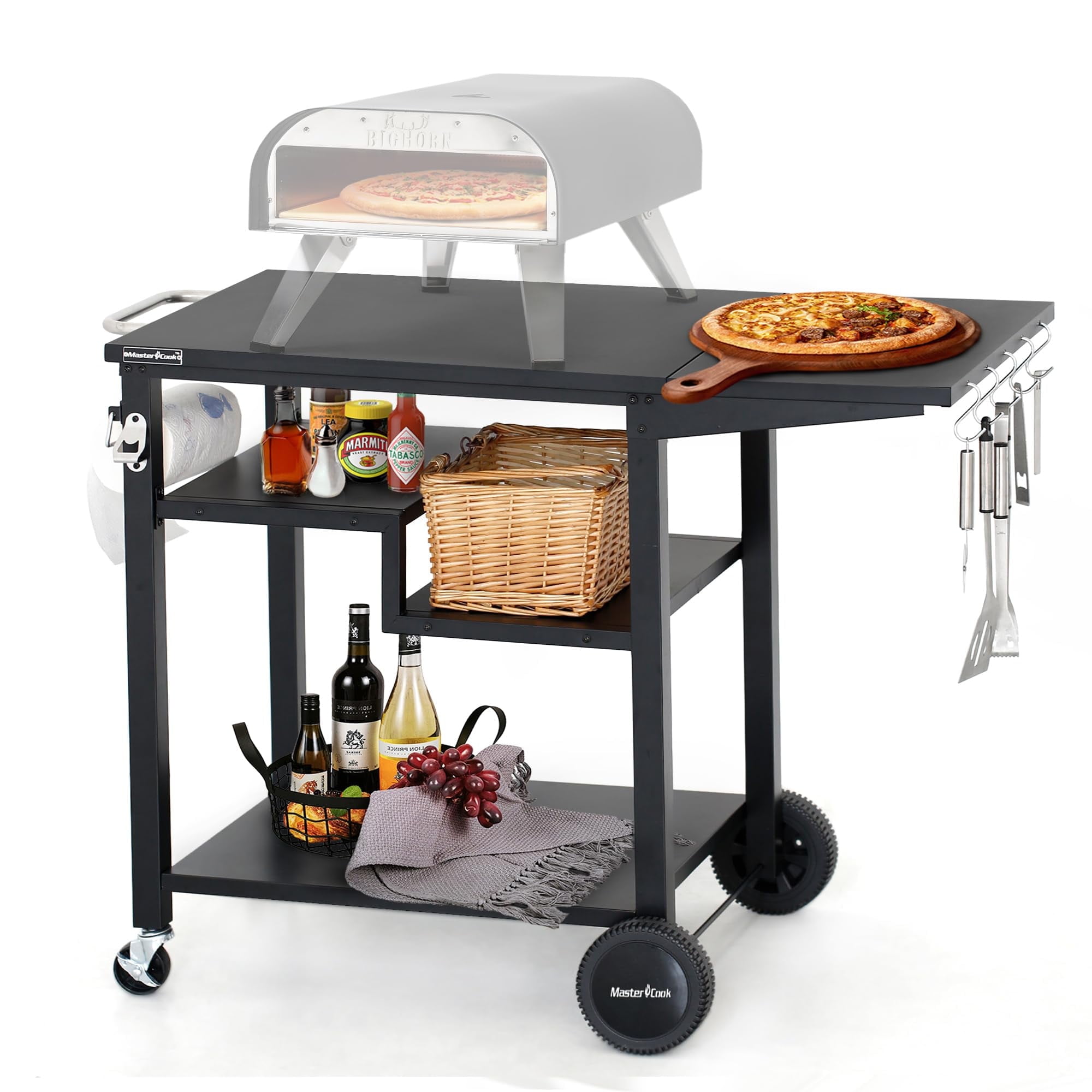 MASTER COOK Grill Table with Wheels for Big Horn Pizza Oven Outdoor Grill Cart with Three-Shelf 44"x 23" Black