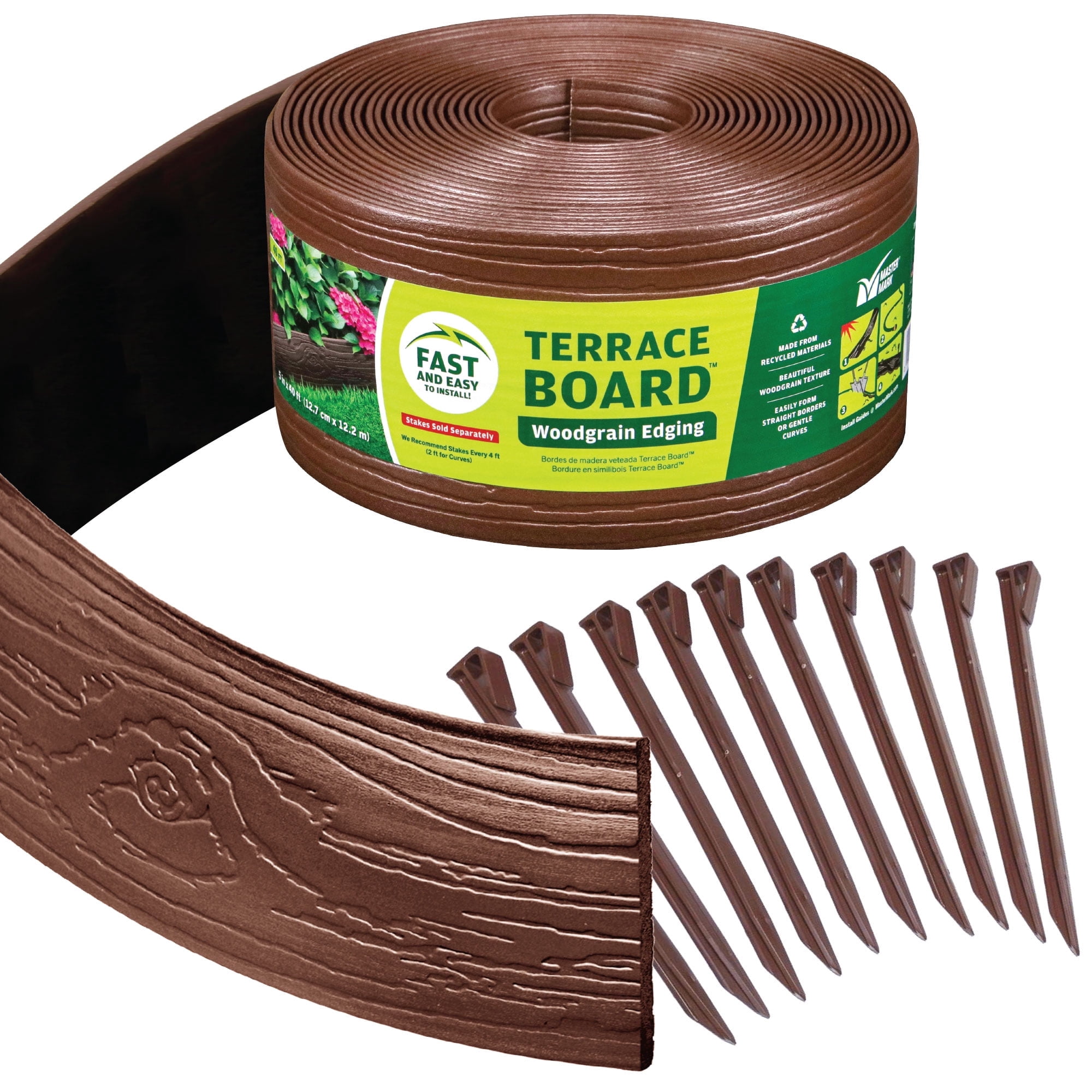 MASTER MARK Terrace Board, Landscape Garden Border Edging Plastic (Brown) 5 in. x 40 ft. with 10 Stakes 95340-1