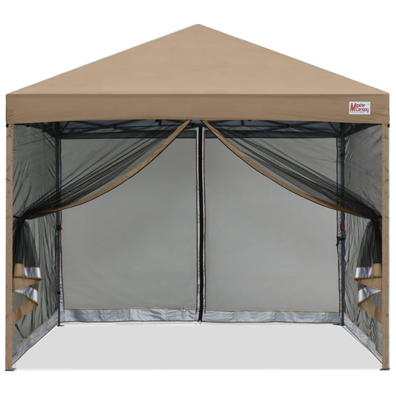 MASTERCANOPY 10' x 10' Pop-up Canopy Tent Outdoor Screen House Shelter with Mesh Walls, Khaki