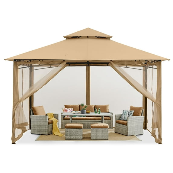 MASTERCANOPY 11 x 11ft Patio Gazebo with Double Roof and Mesh Walls, Beige