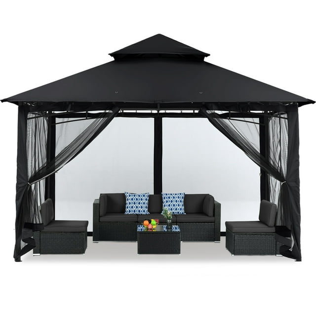 MASTERCANOPY 11' x 11' Outdoor Patio Gazebo Double Roof Steel Frame with Mesh Walls, Black