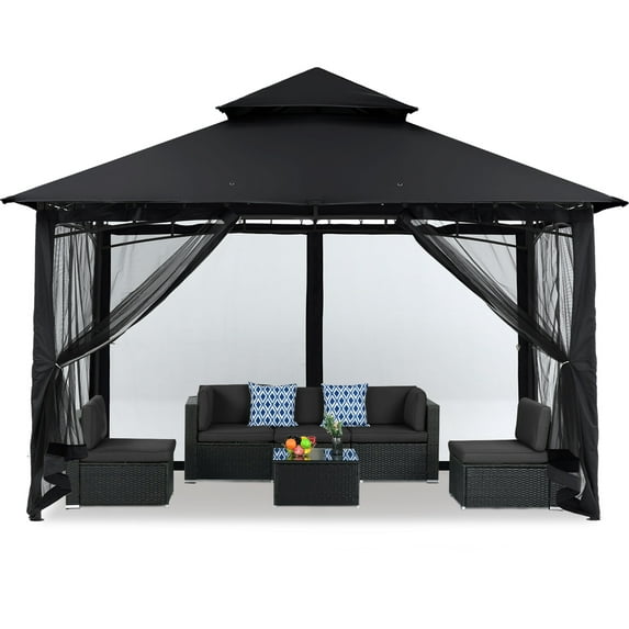 MASTERCANOPY 11 x 11ft Patio Gazebo with Double Roof and Mesh Walls, Black