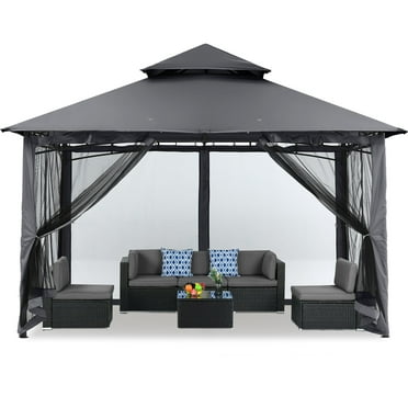 MASTERCANOPY 11' x 11' Outdoor Patio Gazebo Double Roof Steel Frame with Mesh Walls, Dark Gray