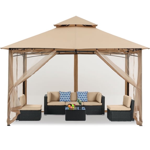 MASTERCANOPY 11 x 11ft Patio Gazebo with Double Roof and Mesh Walls, Khaki
