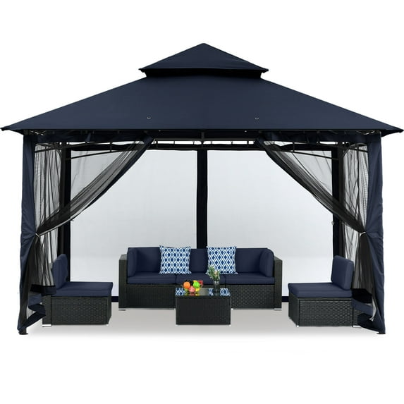 MASTERCANOPY 11’ x 11’ Outdoor Patio Gazebo with Double Roof and Mesh Walls, Navy Blue