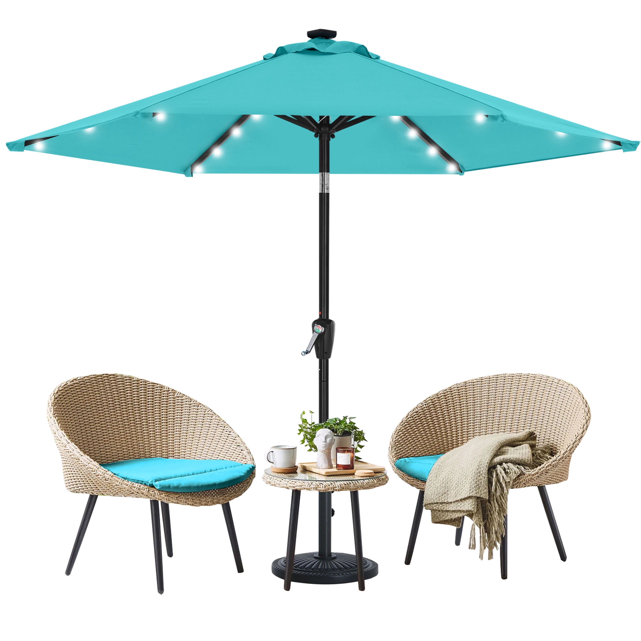 MASTERCANOPY 7.5ft Solar Patio Umbrella with 24 LED Lights Easy Tilt and Crank 6 Ribs, Turquoise