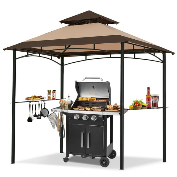 MASTERCANOPY 8 x 5ft Outdoor BBQ Grill Gazebo with LED Lights and Shelves, Brown Khaki Two-Tone