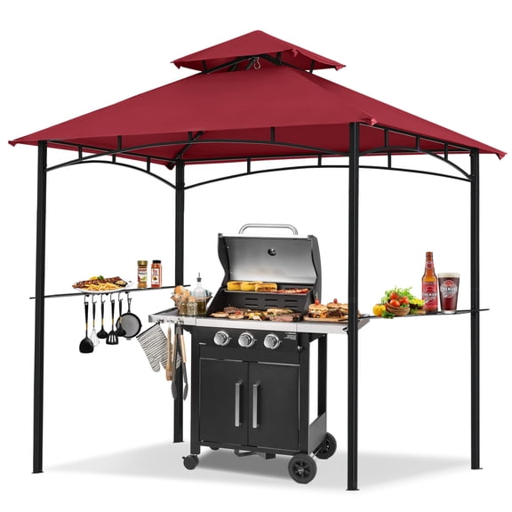 MASTERCANOPY 8 x 5ft Outdoor BBQ Grill Gazebo with LED Lights and Shelves, Burgundy