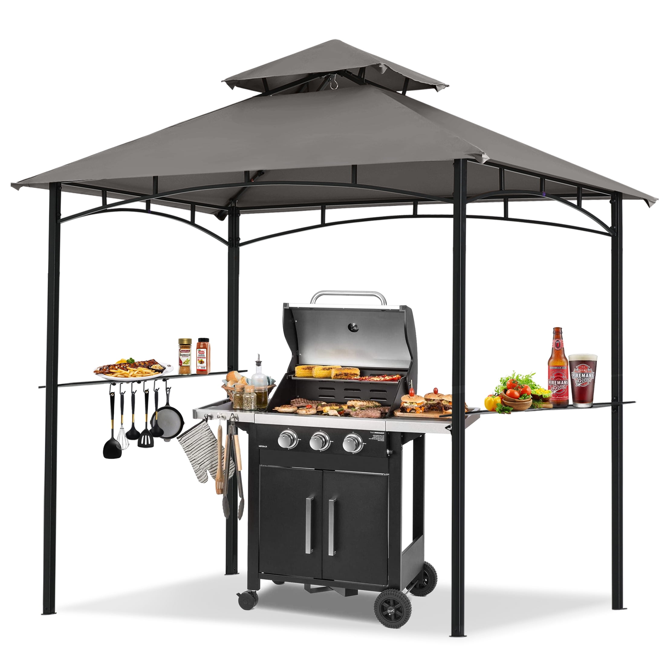 MASTERCANOPY 8 x 5ft Outdoor BBQ Grill Gazebo with LED Lights and Shelves, Dark Gray