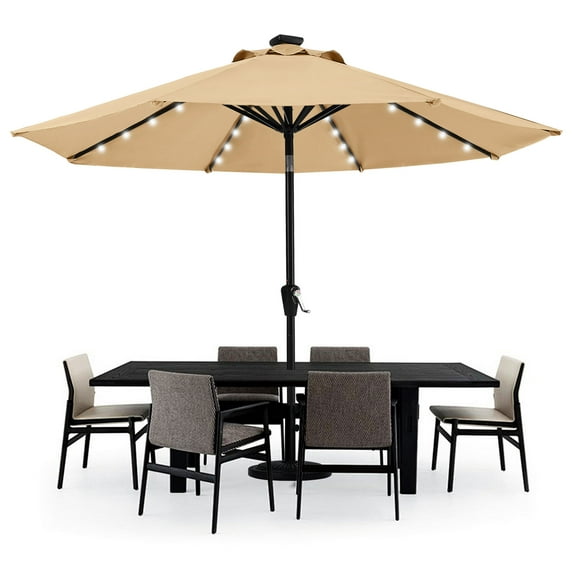 MASTERCANOPY 9ft Solar Patio Umbrella with LED Lights Tilt and Crank, Khaki