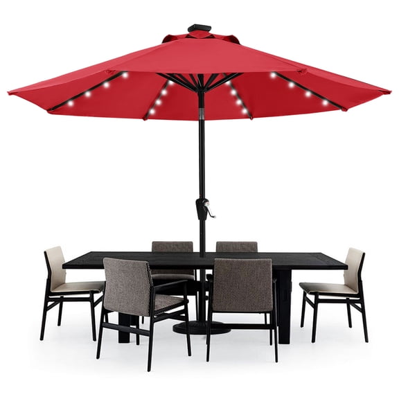 MASTERCANOPY 9ft Solar Patio Umbrella with LED Lights Tilt and Crank, Red