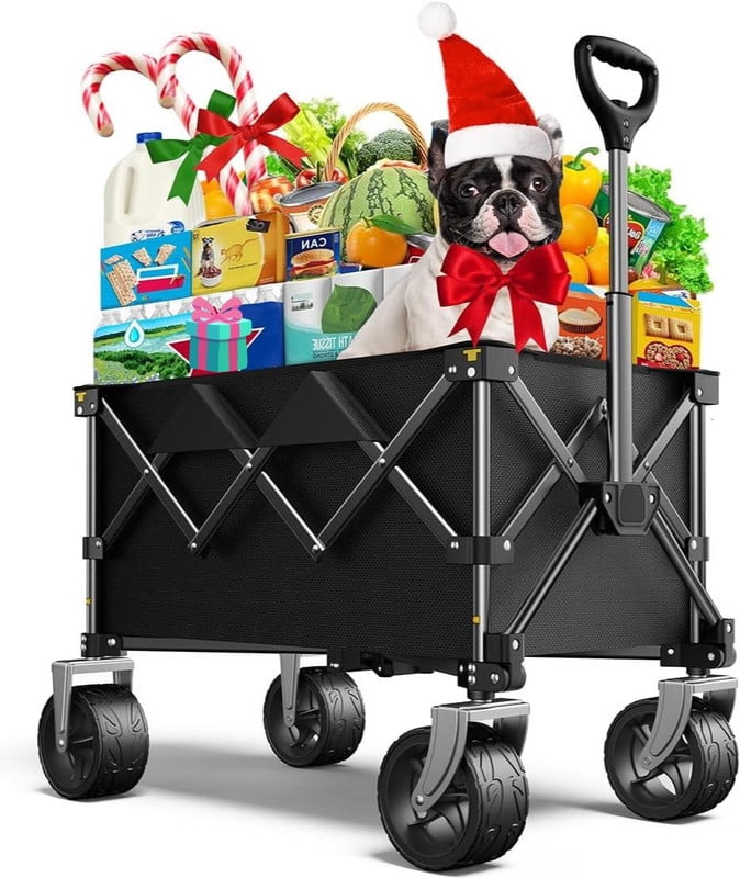 KEESTP 150L Collapsible Wagon, Beach Wagon 220lbs with Big Wheels Foldable Wagon Carts - Black
