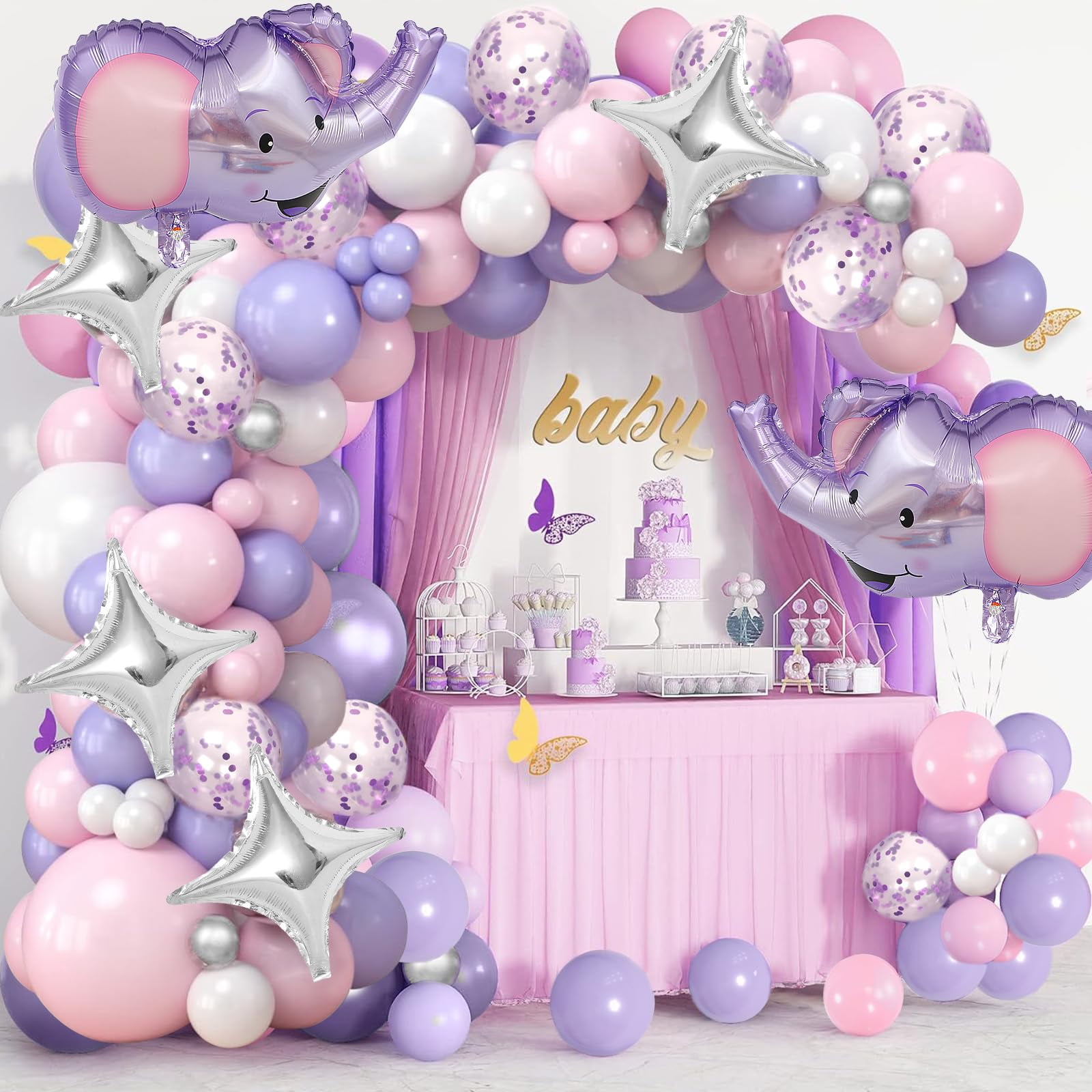 MASTRON 129PCS Elephant Baby Shower Balloon Arch for Girl Purple Pink Confetti Foil Elephant Balloons Elephant Baby Shower Decorations for Girl Baby Girl Birthday Gender Reveal SF1