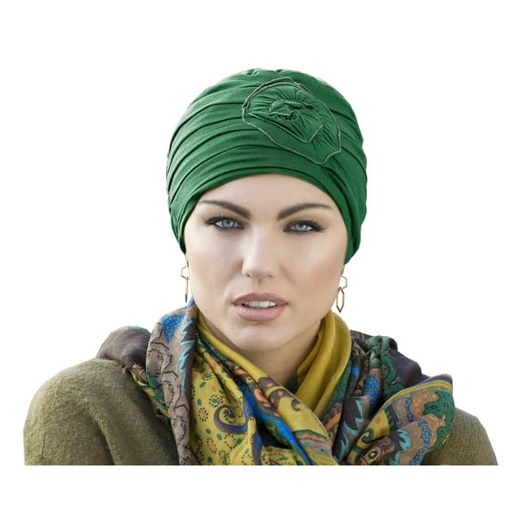 MASUMI Chemo Organic Headwear - PRIMROSE | Cancer Headwear for Women with Hair Loss | Alopecia Hats & Coverings | 95% Cotton Turban (Colour: Green Forest)