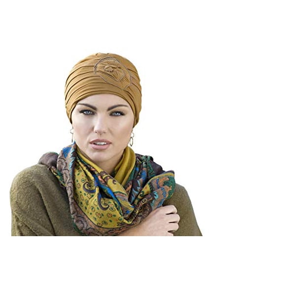 MASUMI Chemo Organic Headwear - PRIMROSE | Cancer Headwear for Women with Hair Loss | Alopecia Hats & Coverings | 95% Cotton Turban (Color: Camel)
