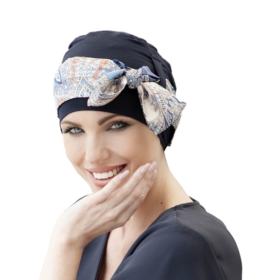 MASUMI Chemo Organic Headwear - YANNA Headscarf | Cancer Headwear for Women with Hair Loss | Alopecia Hats & Coverings | Turban | 95% Breathable Bamboo (Navy Mosaica Linea)