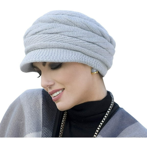 Soft Knitted Winter Hat for Women, Warm Chemo Headwear with Brim, Wool Acrylic Soft Cap with Inner Fleece- MICHELLE (Grey)