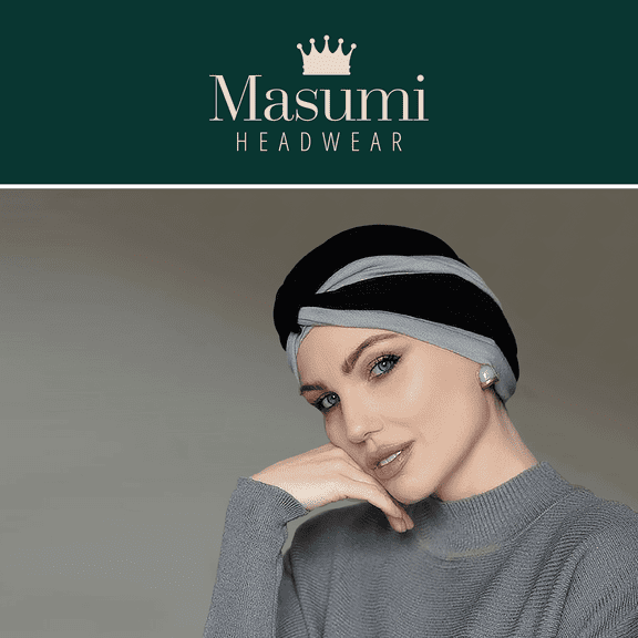 MASUMI Women Cotton Cap for Hairloss, Chemo Headwear for Women, Cancer Headwear for Ladies with Alopecia Hairloss Chemotherapy Turban Hat Amelia (Grey and Black)