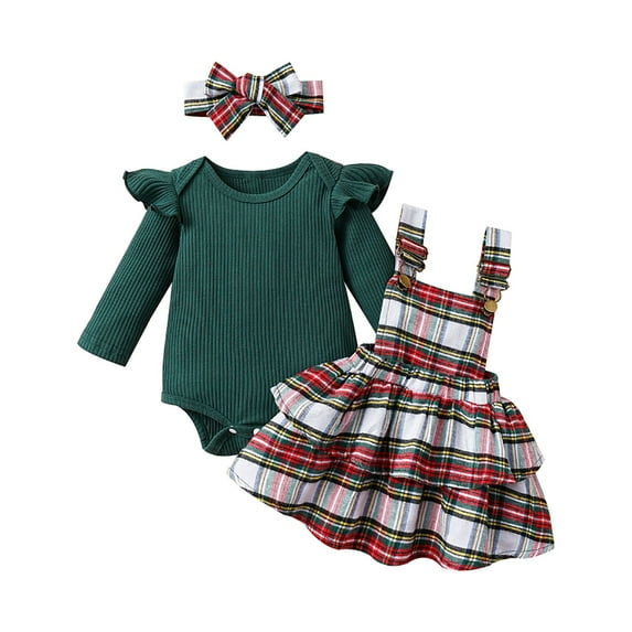 MASZONE Baby Dresses 0-3 Months Baby Girl Outfit Baby Girl Christmas Clothes Plaid Outfits Long Sleeve Romper Overall Skirt Dress Cute Outfit Green 0-3 Months