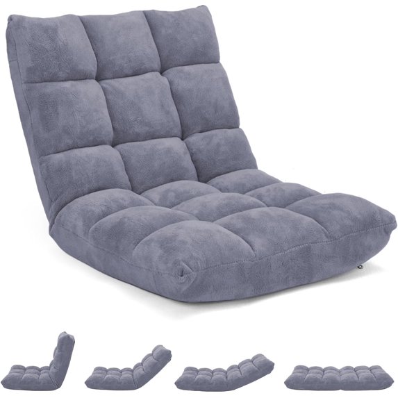 MAT EXPERT 14-Position Floor Chair, Floor Gaming Chair w/Soft Coral Fleece, Alloy Steel Frame, Padded Lazy Couch Recliner, Floor Chair with Back Support for Reading, Meditating, Playing Game (Gray)