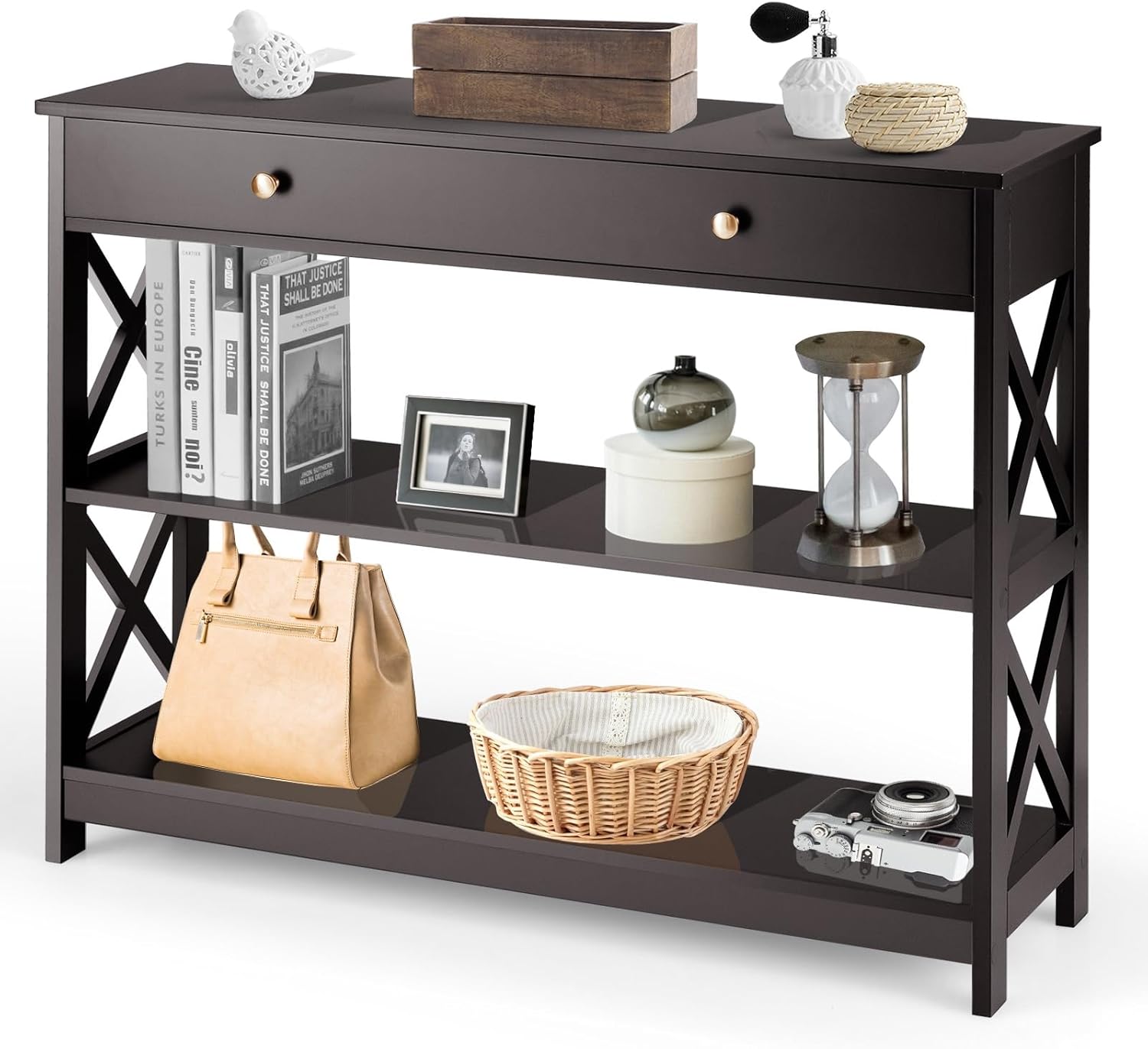 MAT EXPERT 3-Tier Entryway Table, Wooden Narrow Sofa Table with Storage Drawer & Display Shelves ... - Sofa Table With Storage Living Room