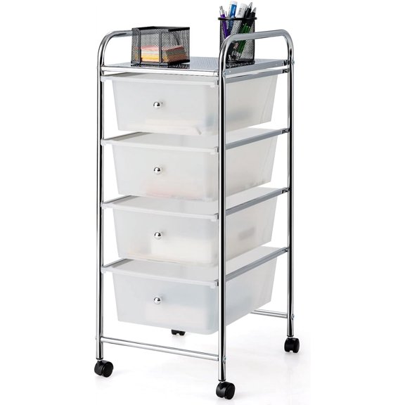 MAT EXPERT 4-Drawer Rolling Storage Cart, Mobile Organizer Cart w/Plastic Drawers & Casters, 4-Tier Rolling Storage Cart, Metal Frame Multipurpose Trolley Bin for Home/Office/School (White)