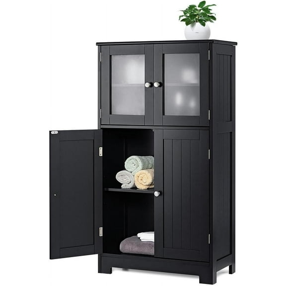 MAT EXPERT Bathroom Storage Cabinet, Bathroom Cabinets Freestanding w/Frosted Tempered Glass Doors & 3 Level Adjustable Shelf, Wooden Bathroom Floor Cabinet for Kitchen, Entryway, Living Room (Black)