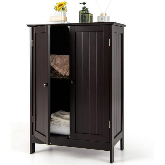 MAT EXPERT Bathroom Storage Cabinet, Bathroom Floor Cabinet w/Doors, Adjustable Shelf & Anti-Tipping Device, Wooden Bathroom Cabinets Freestanding for Living Room, Kitchen & Entryway (Coffee)