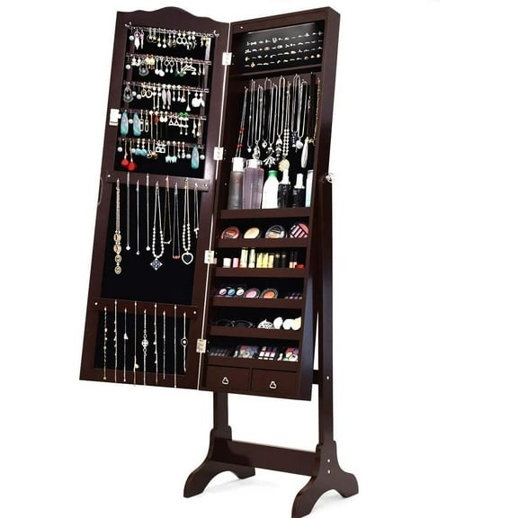 MAT EXPERT Floor Stand Mirror Jewelry Armoire,Lockable Jewelry Cabinet w/Full-Length Mirror & LED Light, Jewelry Organizer w/29 Hooks & 48 Ring Slots, Dressing Jewel Storage Cabinet w/Shelves (Brown)