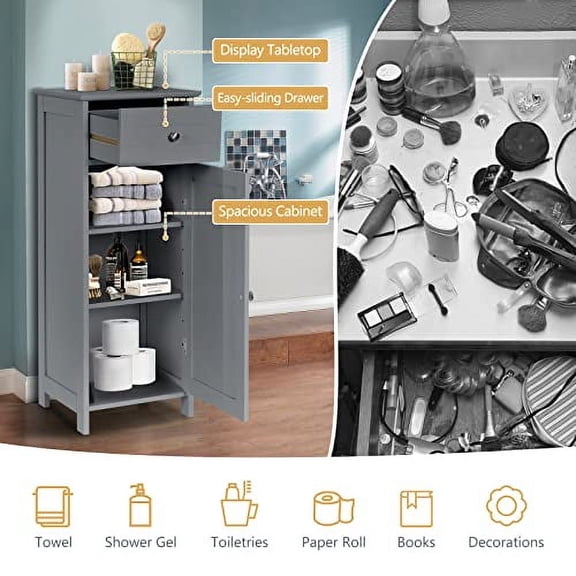 MAT EXPERT Floor Storage Cabinet, Bathroom Freestanding Side Storage Organizer, Single Door Floor Storage Cabinet w/Drawer & Adjustable Shelves, Modern Side Cabinet for Entryway Li