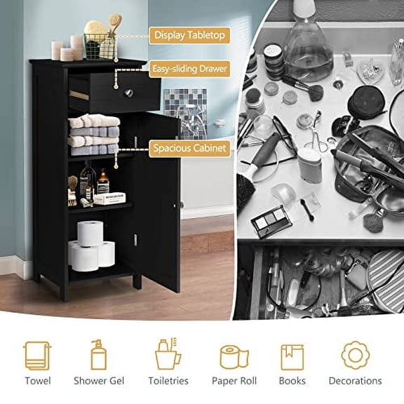 MAT EXPERT Floor Storage Cabinet, Bathroom Freestanding Side Storage Organizer, Single Door Floor Storage Cabinet w/Drawer & Adjustable Shelves, Modern Side Cabinet for Entryway Li