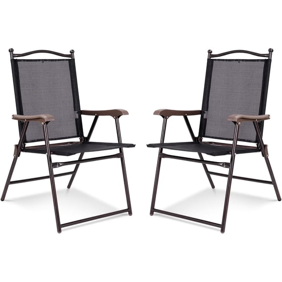MAT EXPERT Folding Patio Chairs Set of 2, Sling Chairs with Armrest & Metal Frame, Indoor Outdoor Portable Lounge Chairs for Beach, Backyard, Garden, Poolside, No Assembly (Black)