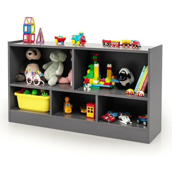 MAT EXPERT Kids Bookshelf, 5-Section Kids Bookshelf and Toy Storage, 2-Tier Toddler Bookshelf, Wooden Toy Storage Organizer for Nursery, Playroom & Bedroom (Grey)