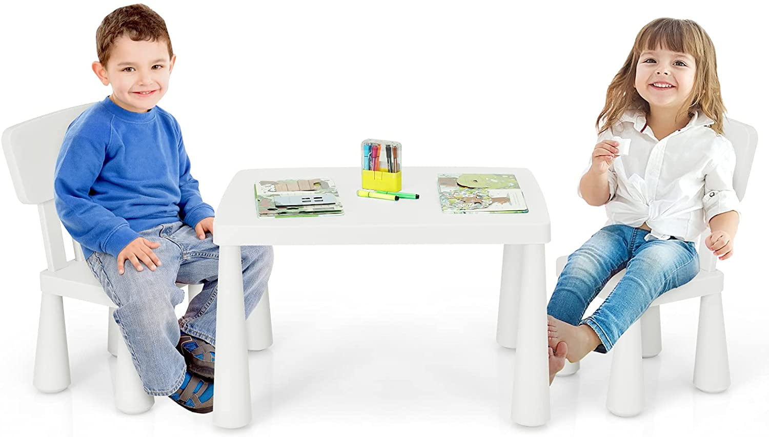 MAT EXPERT Kids Table and Chairs, 3-Piece Kids Furniture Activity Table for Reading, Learning, Eating, Toddler Table and Chair Set for Daycare Kindergarten Playroom, Ideal for Boys & Girls (White)