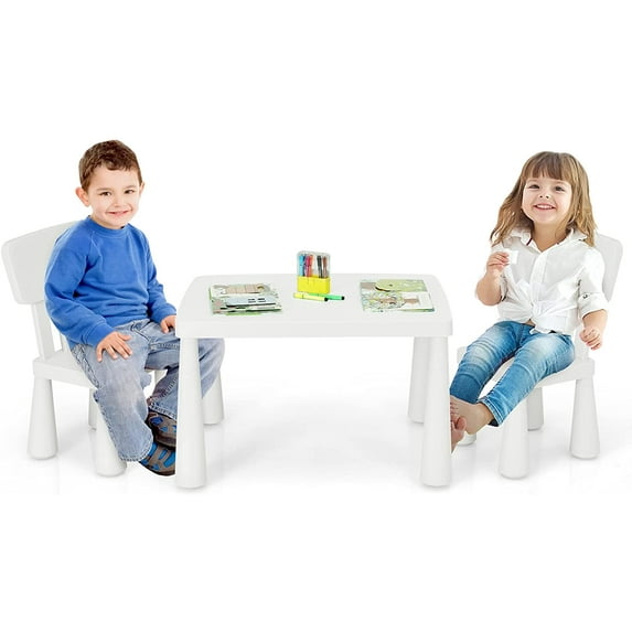 MAT EXPERT Kids Table and Chairs, 3-Piece Kids Furniture Activity Table for Reading, Learning, Eating, Toddler Table and Chair Set for Daycare Kindergarten Playroom, Ideal for Boys & Girls (White)