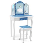 MAT EXPERT Kids Vanity, Snowflake Themed Toddler Vanity with Tri-Folding Mirror, Storage Drawer, Pretend Play Makeup Dressing Table, Wooden Girls Vanity Set with Mirror and Stool Blue