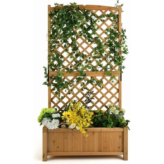 MAT EXPERT Raised Garden Bed with Trellis, Lattice Panel with Hanging Roof, Drainage Hole, Planter Box for Flower, Vine, Elevated Outdoor Planter for Garden (1, 35.5" Lx17.5 Wx71 H)