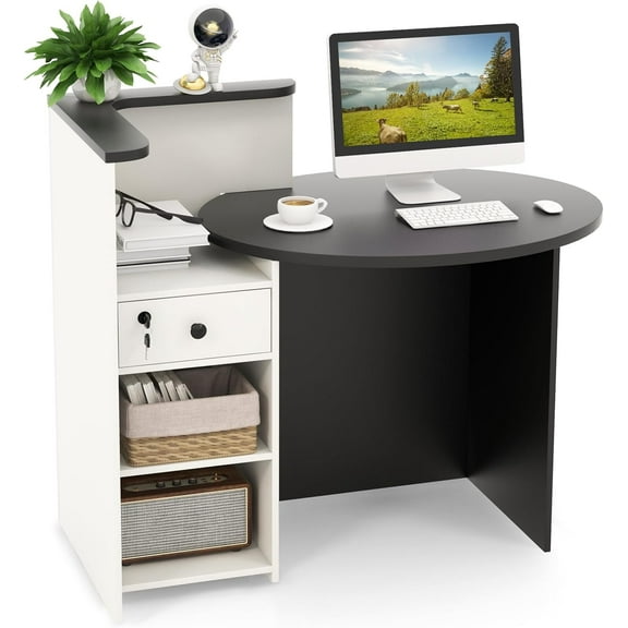 MAT EXPERT Reception Desk, Front Desk with Open Shelves, Lockable Drawer, Round Tabletop, Checkout Counter, Retail Counter, Computer Workstation for Office (White Cabinet & Black Desktop)