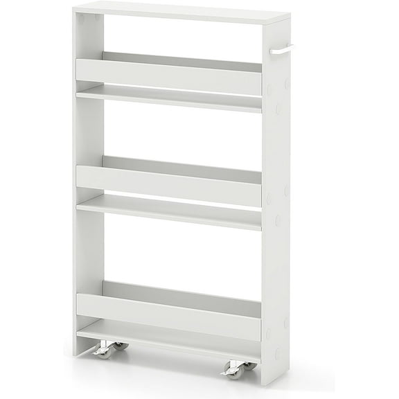 MAT EXPERT Slim Rolling Storage Cart, 4-Tier Freestanding Slim Storage Cart with Wheels 360 Degree & Metal Handle, Wooden Utility Cart for Narrow Kitchen, Laundry Room, Bathroom (Plain White)