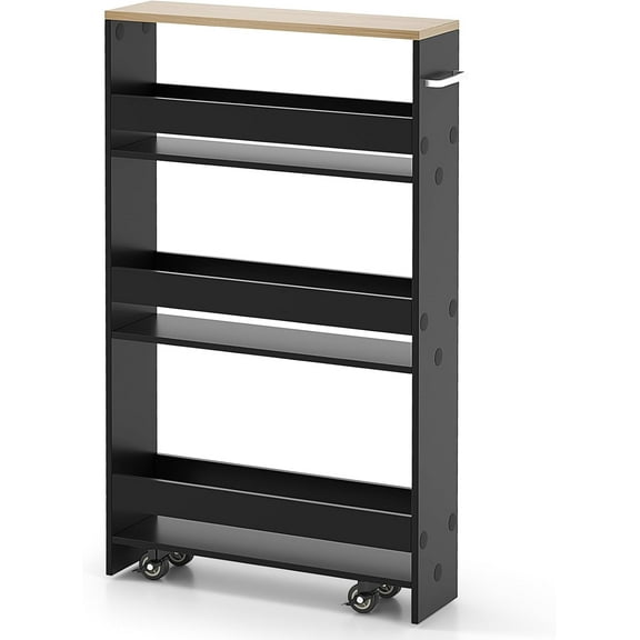 MAT EXPERT Slim Rolling Storage Cart, 4-Tier Freestanding Slim Storage Cart with Wheels 360 Degree & Metal Handle, Wooden Utility Cart for Narrow Kitchen, Laundry Room, Bathroom (Black + Natural)
