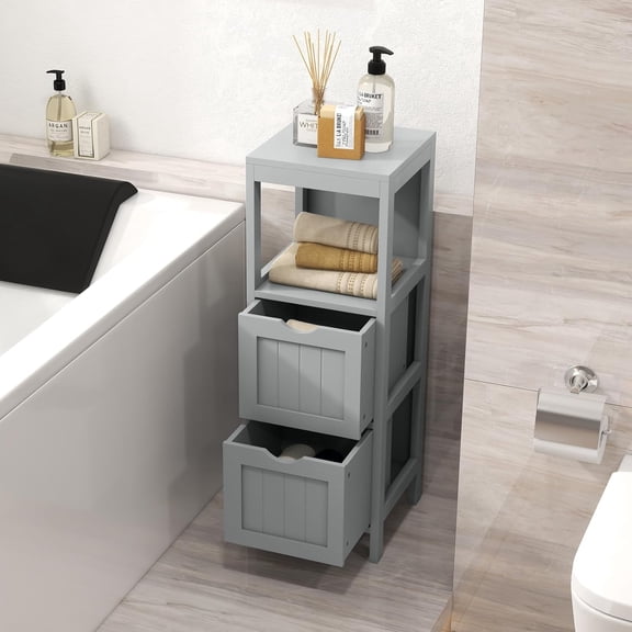 MAT EXPERT Small Bathroom Storage Cabinet,3-Tier Bathroom Floor Cabinet with 2 Detachable Drawers & Anti-Tipping Device, Wooden Small Cabinet for Office, Entryway, 12" L x 12" W x 35" H(Gray)