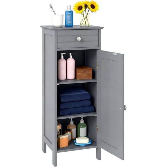 MAT EXPERT Small Bathroom Storage Cabinet, Free-Standing Storage Organizer Unit with Drawer & 3-Level Adjustable Shelves, Anti-Toppling Device, Bathroom Floor Cabinet for Living Room, Entryway (Grey)