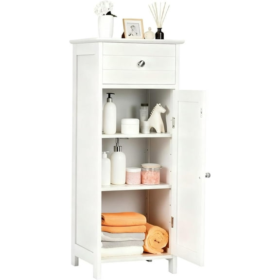 MAT EXPERT Small BathroomStorage Cabinet, Free-Standing Storage Organizer Unit with Drawer & 3-Level Adjustable Shelves, Anti-Toppling Device, Bathroom Floor Cabinet for Living Room, Entryway (White)