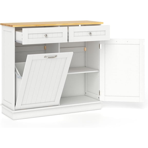 MAT EXPERT Tilt Out Laundry Hamper, 15.5-Gallon Free Standing Wooden Trash Can w/Storage Drawer & Adjustable Shelf, Kitchen Waste Bins Cabinet for Laundry Room,Pet Proof Tilt Out Trash Cabinet, White