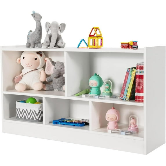 MAT EXPERT Toy Storage Organizer, 5-Section Display Shelf Cabinet for Organizing Books & Toys, 2-Tier Open Wooden Daycare Kids Bookshelf for Classroom, Playroom, Nursery & Kindergarten (White)