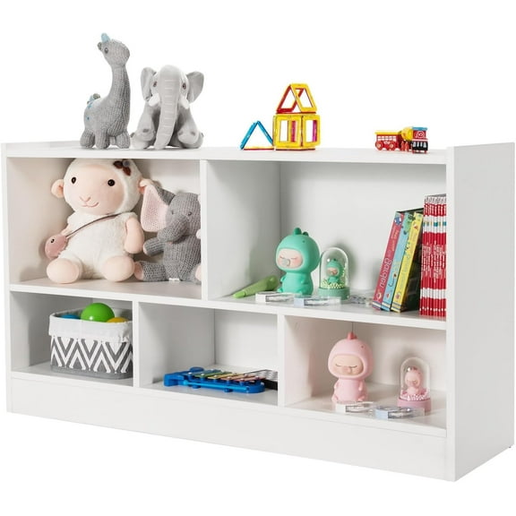 MAT EXPERT Toy Storage Organizer, 5-Section Display Shelf Cabinet for Organizing Books & Toys, 2-Tier Open Wooden Daycare Kids Bookshelf for Classroom, Playroom, Nursery & Kindergarten (White)
